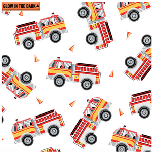 Save the Day - Fire Engines on White Glow in the Dark Fabric by Kanvas Studio