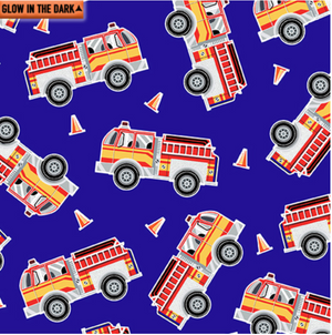 Save the Day - Fire Engines on Blue Glow in the Dark Fabric by Kanvas Studio