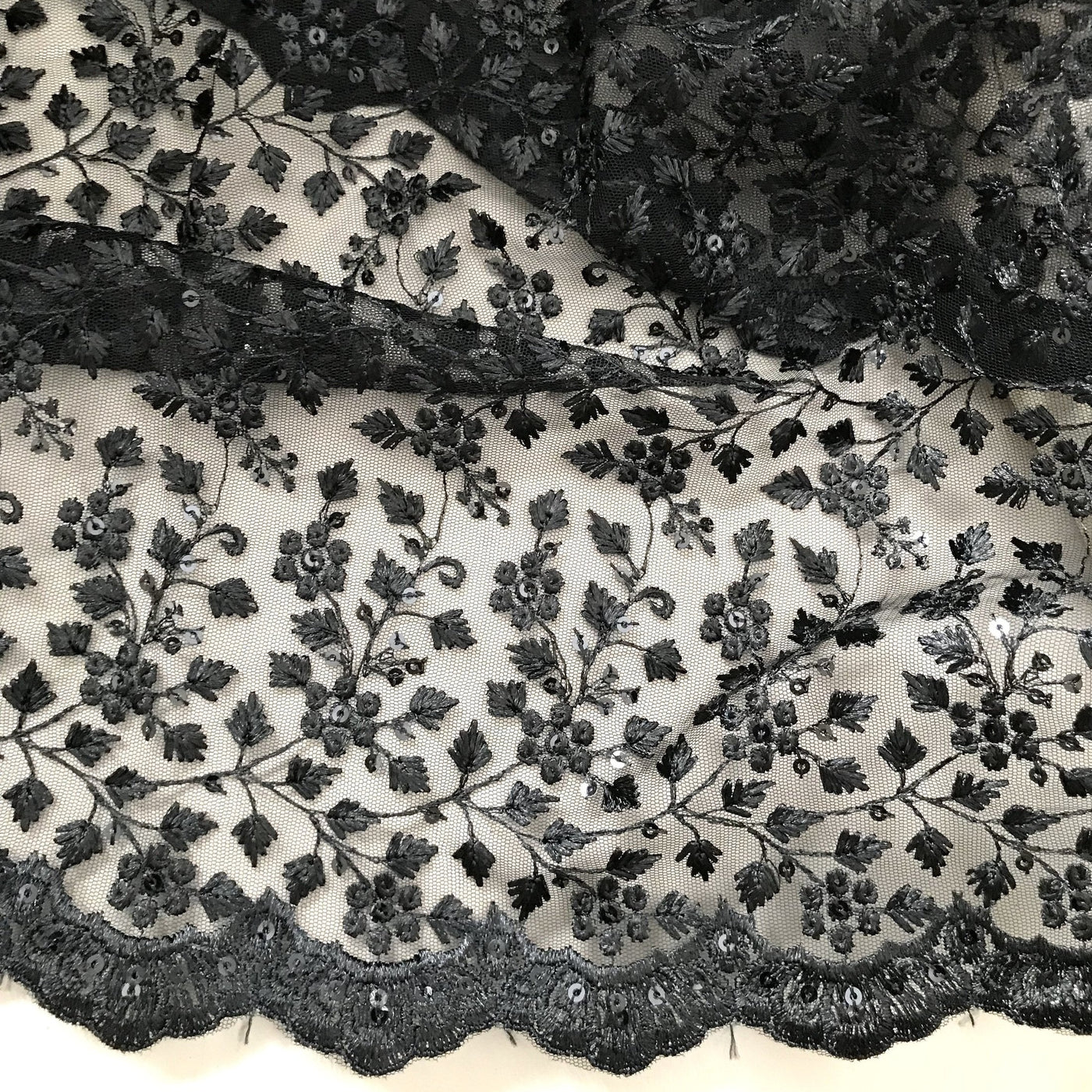 Black Net Fabric with Sequins Embroidery