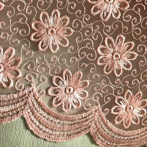 Peach Embroidered Net Fabric - Scalloped Edges