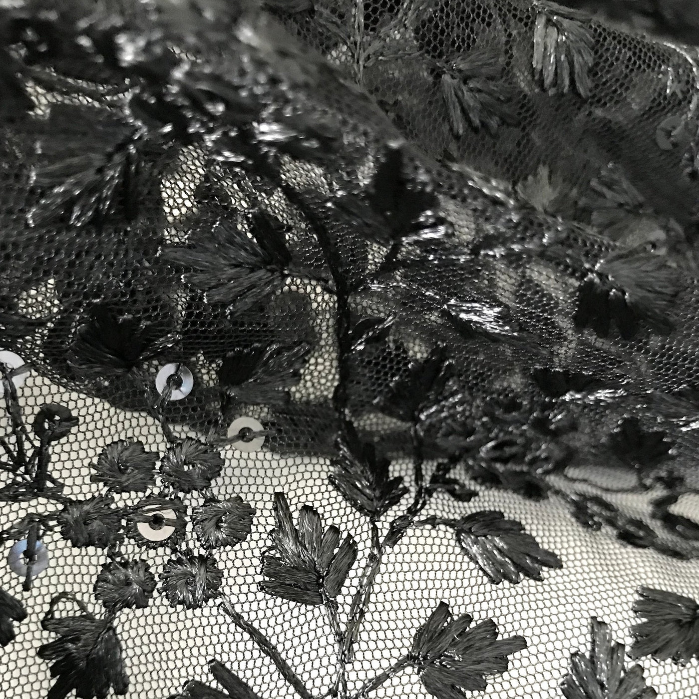 Black Embroidered Net Fabric Embellished With Black Sequins 