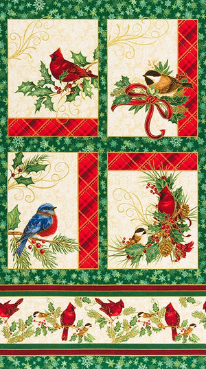 Winter's Grandeur 8 - Holiday Bird Gold Metallic Panel by Robert Kaufman